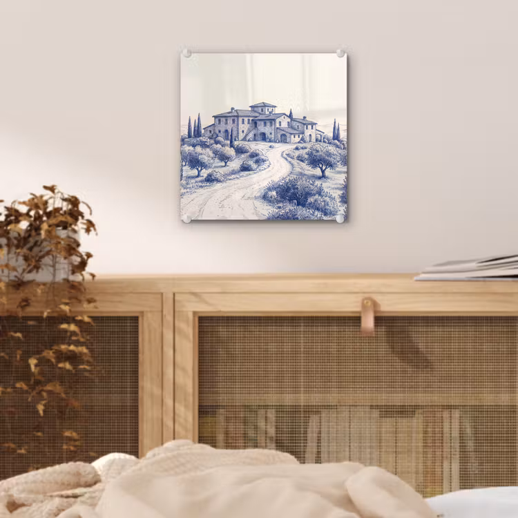 Glas schilderij - Toscaanse Villa Cipressen Blauw — 5
