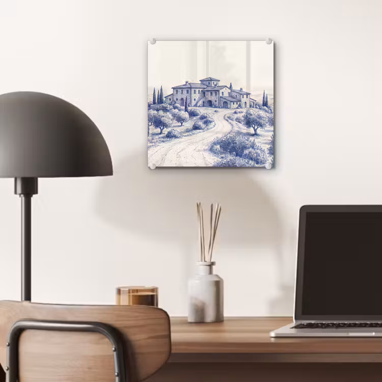 Glas schilderij - Toscaanse Villa Cipressen Blauw — 7