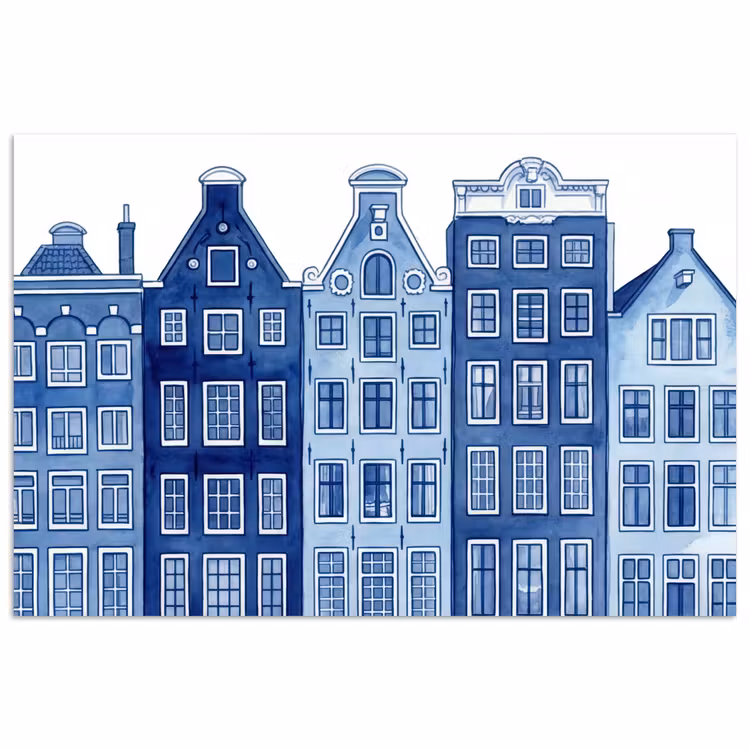 Poster - Aquarel - Grachtenpanden - Delfts - Blauw — 1