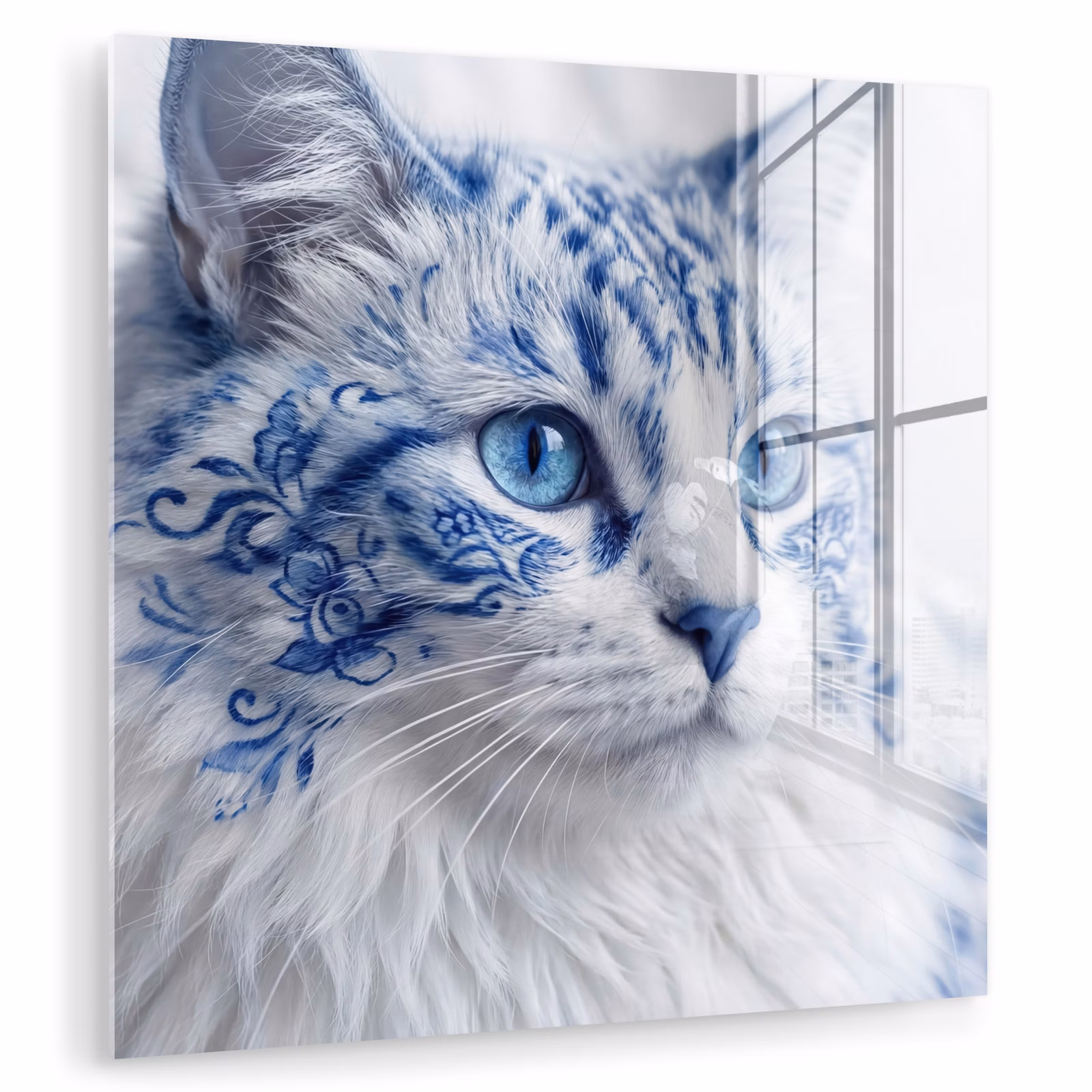 Glas schilderij - Kat Delfts Blauw — 1