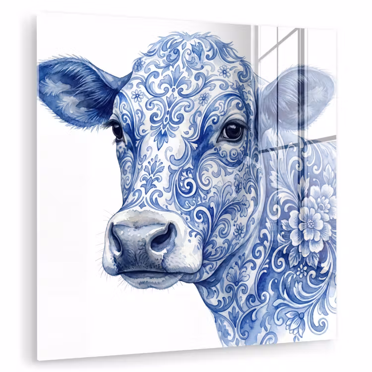 Glas schilderij - Koe Delfts Blauw Aquarel