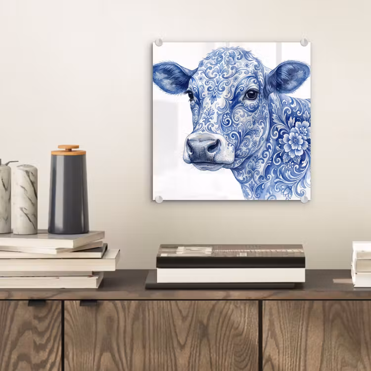 Glas schilderij - Koe Delfts Blauw Aquarel — 2