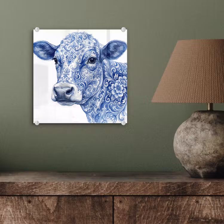 Glas schilderij - Koe Delfts Blauw Aquarel — 4