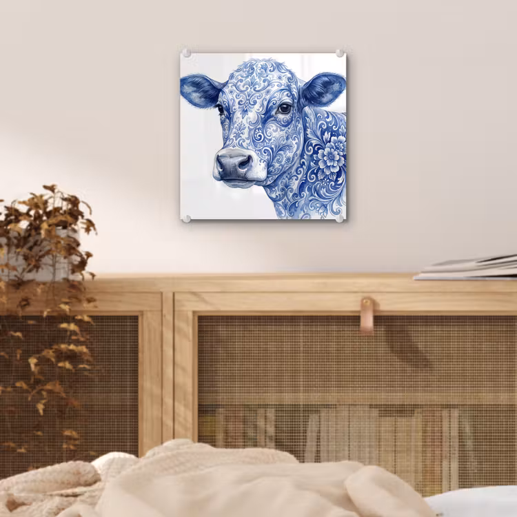 Glas schilderij - Koe Delfts Blauw Aquarel — 5