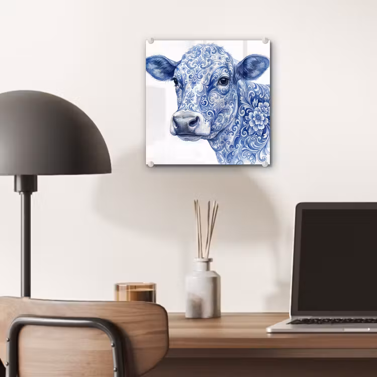 Glas schilderij - Koe Delfts Blauw Aquarel — 7
