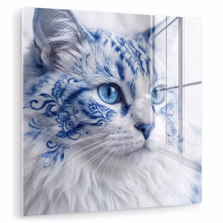 Glas schilderij - Kat Delfts Blauw