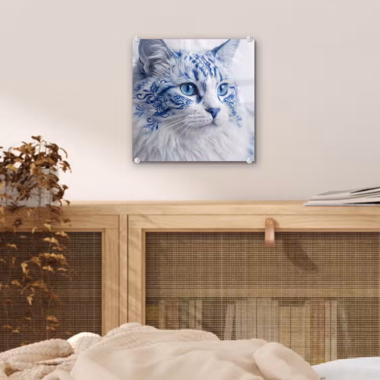 Glas schilderij - Kat Delfts Blauw — 5