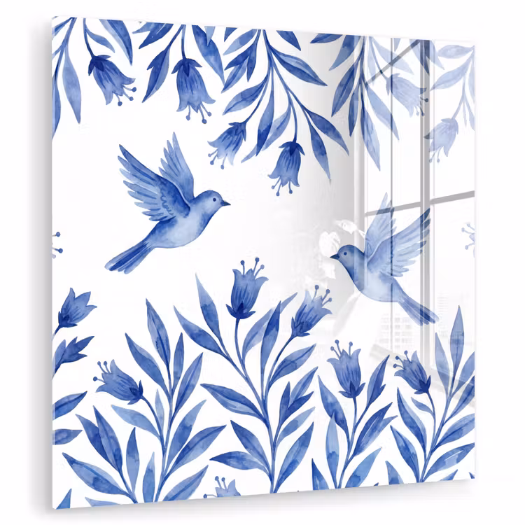 Glas schilderij - Blauwe Vogels Klokjesbloemen Aquarel
