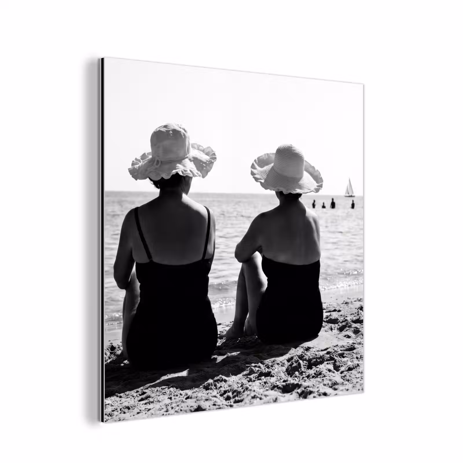 Aluminium schilderij - Vrouwen - Zonnehoed - Strand - Zwart - Wit — 1
