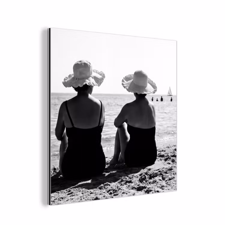 Aluminium schilderij - Vrouwen - Zonnehoed - Strand - Zwart - Wit — 1