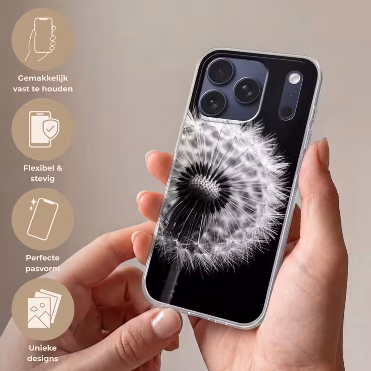 Telefoonhoesje Softcase - Paardenbloem - Zwart - Wit — 4