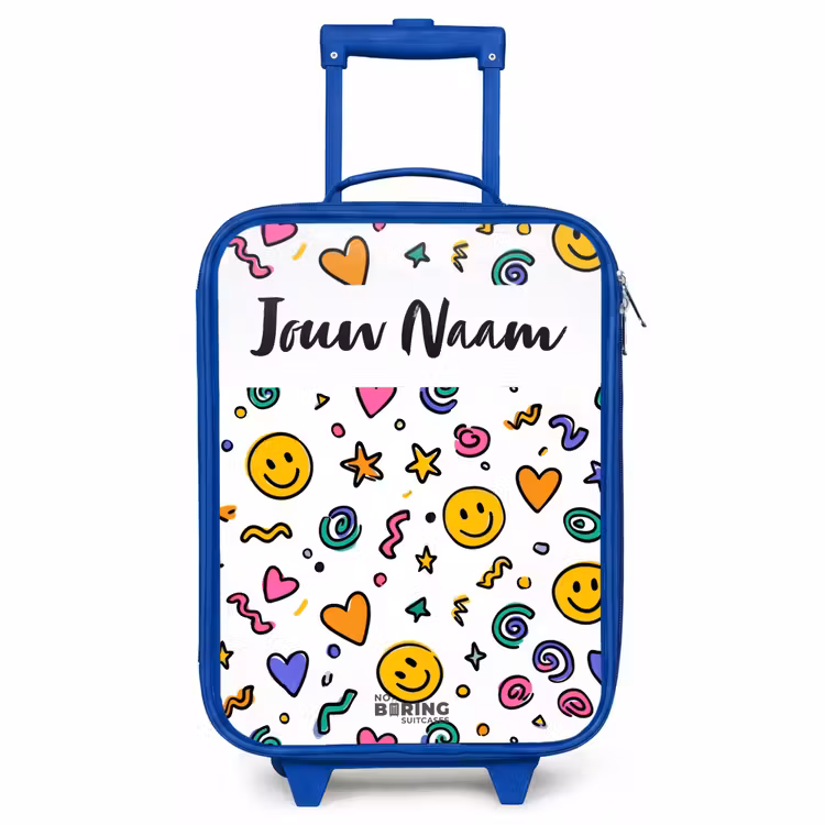 Kinderkoffer met naam - Blauw - Smileys Hartjes Sterren Patroon