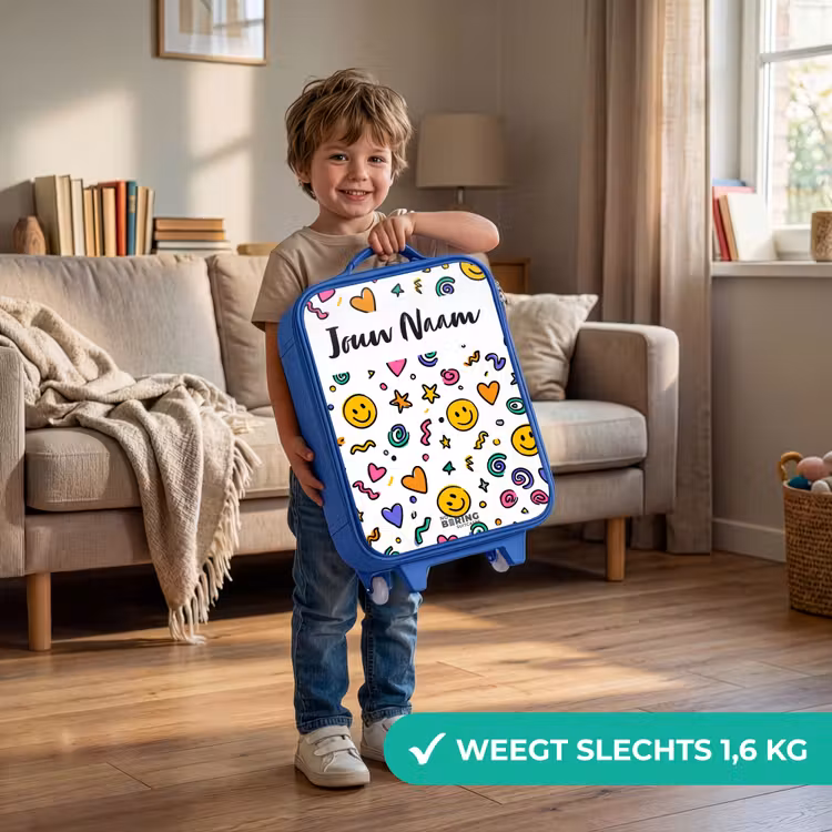 Kinderkoffer met naam - Blauw - Smileys Hartjes Sterren Patroon — 2