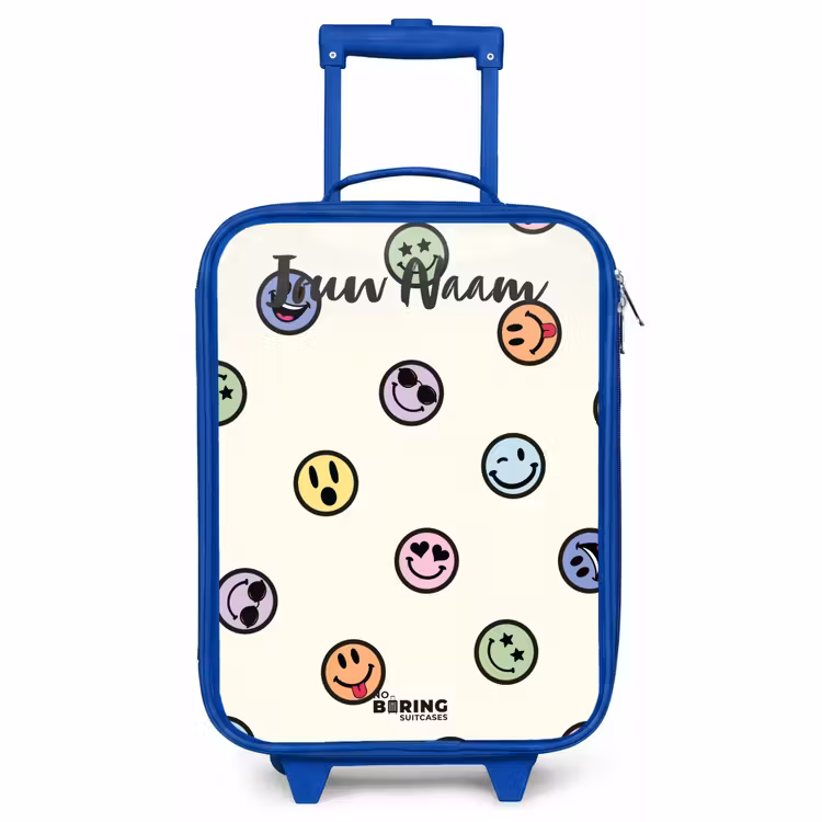 Kinderkoffer met naam - Blauw - Smileys Patroon Pastel
