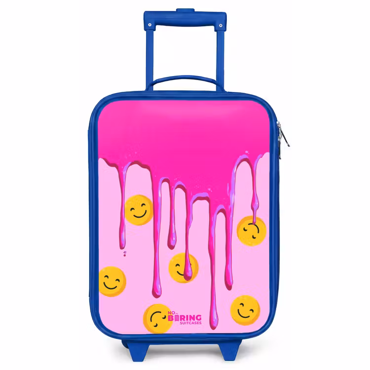 Kinderkoffer met naam - Blauw - Roze Druppende Verf Smileys