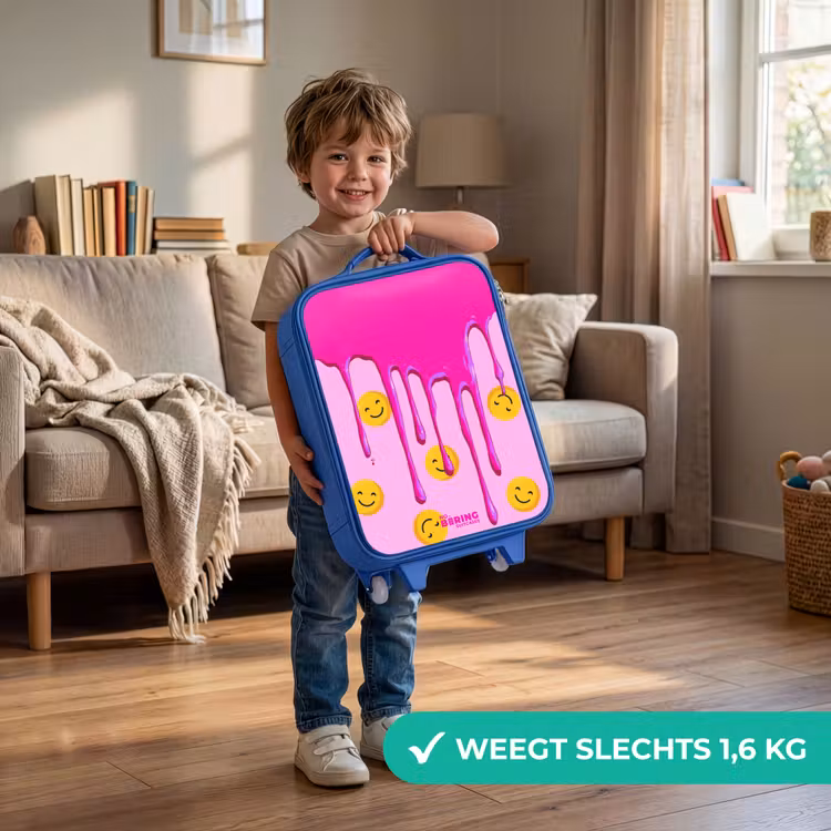 Kinderkoffer met naam - Blauw - Roze Druppende Verf Smileys — 2