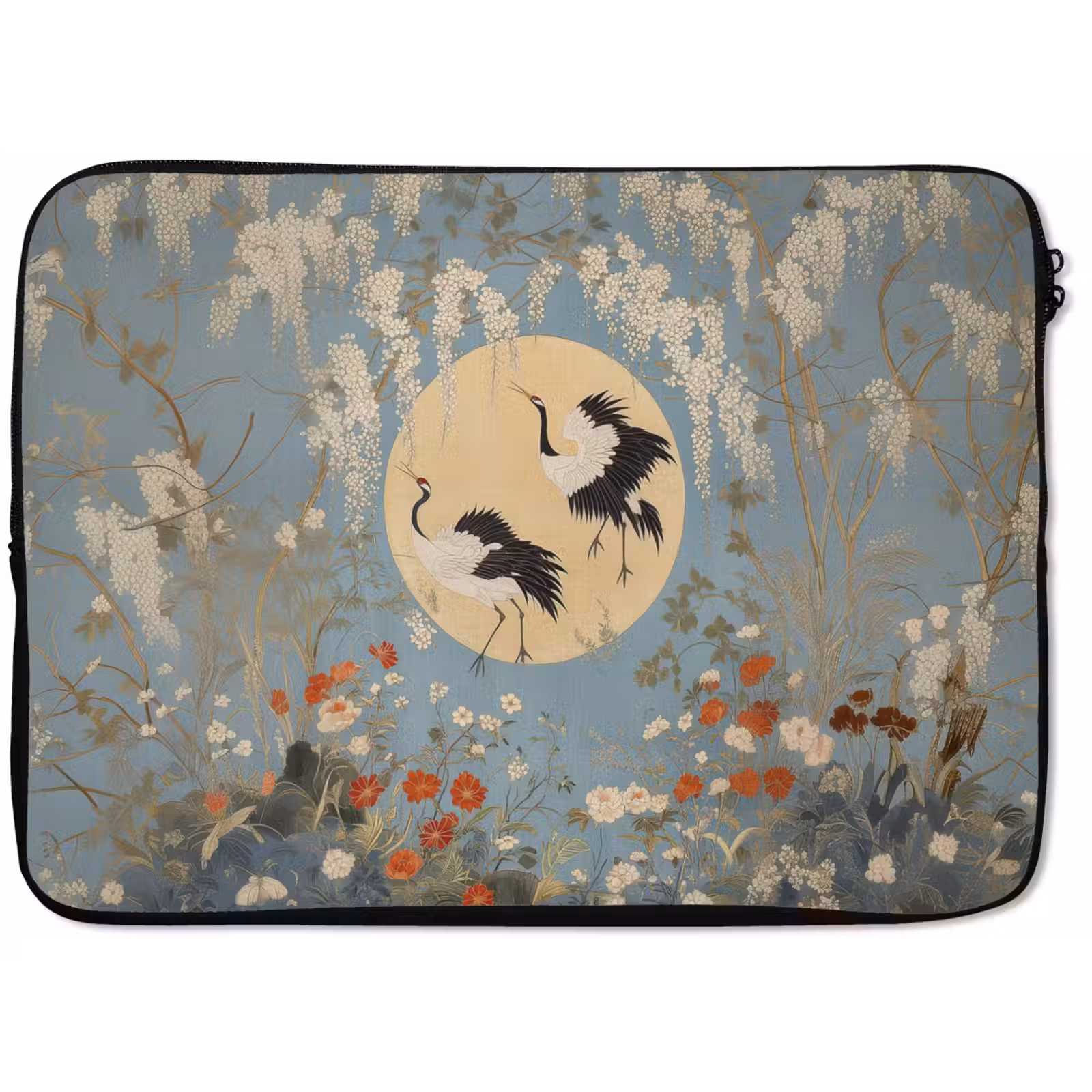 Laptophoes - Kraanvogels - Maan - Bloemen - Blauw — 1
