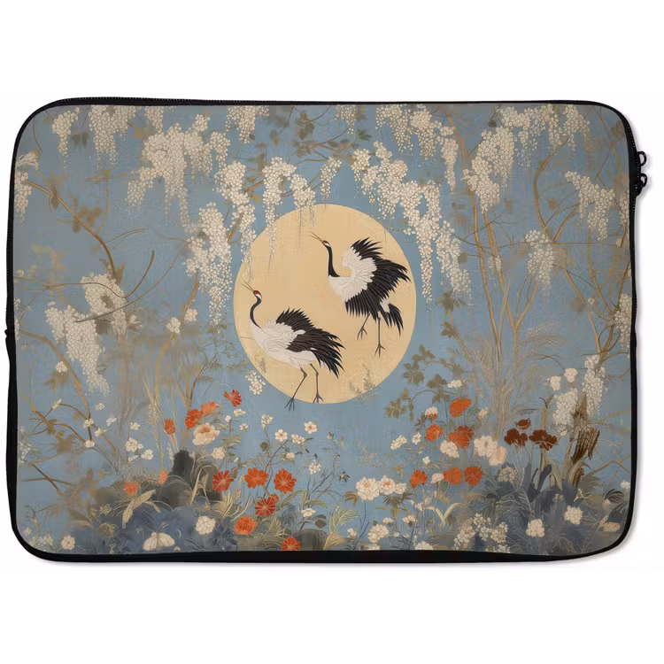Laptophoes - Kraanvogels - Maan - Bloemen - Blauw — 1