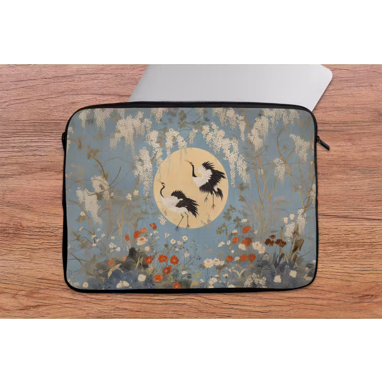 Laptophoes - Kraanvogels - Maan - Bloemen - Blauw — 2