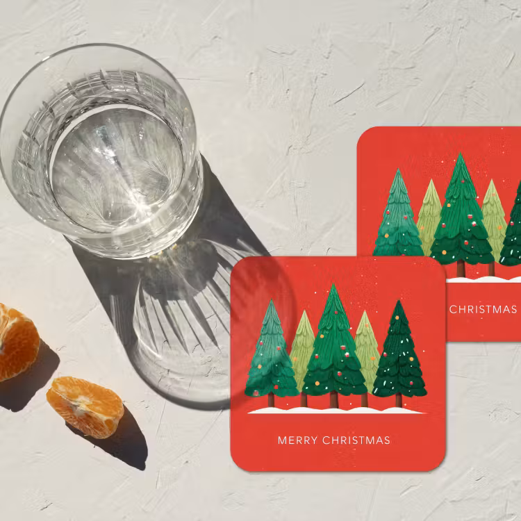 Onderzetter - Minimalistisch - Kerstbomen - Rood - Sneeuw — 2