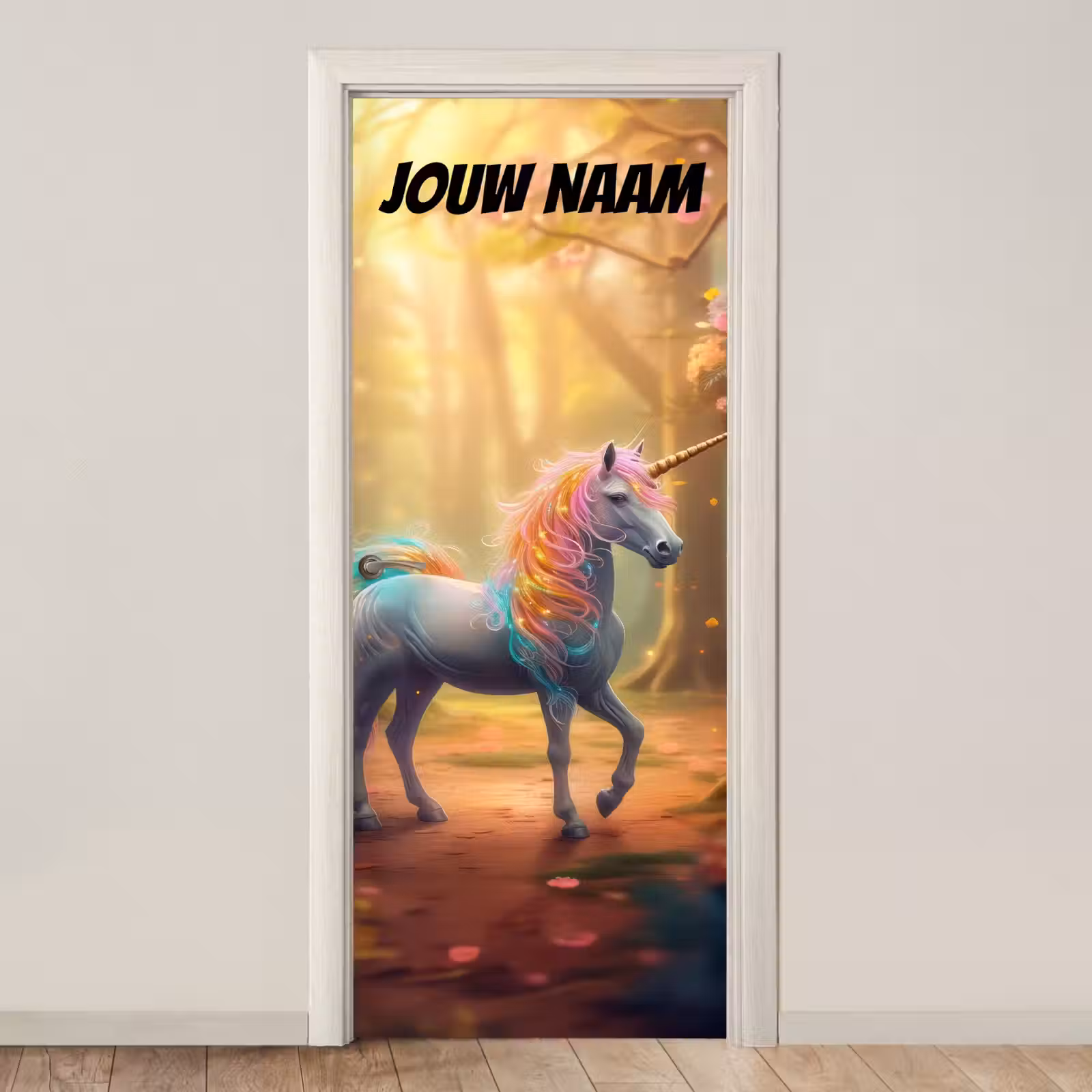 Deursticker met naam - Eenhoorn - Zonlicht - Bos — 1