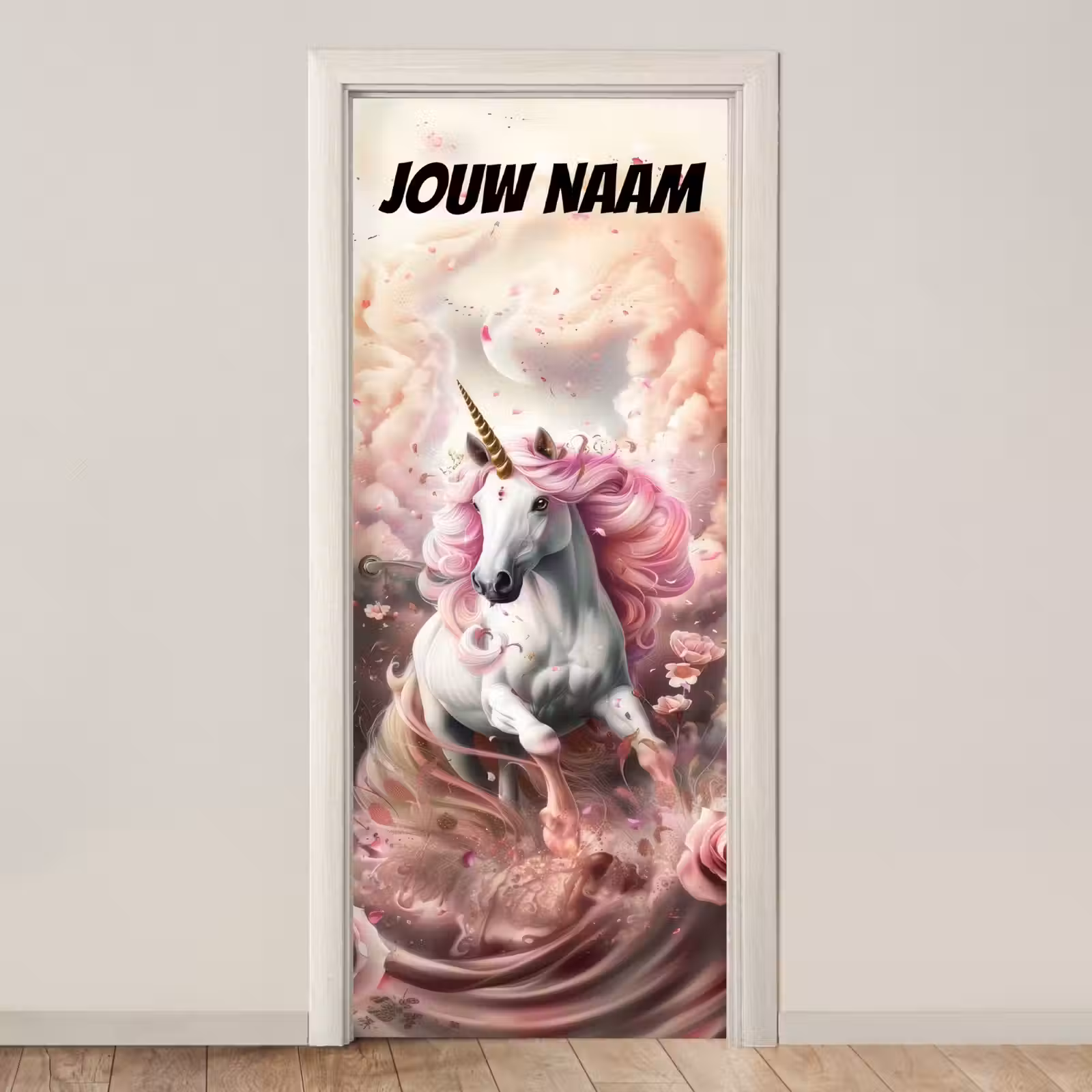 Deursticker met naam - Eenhoorn - Roze - Wolken — 1