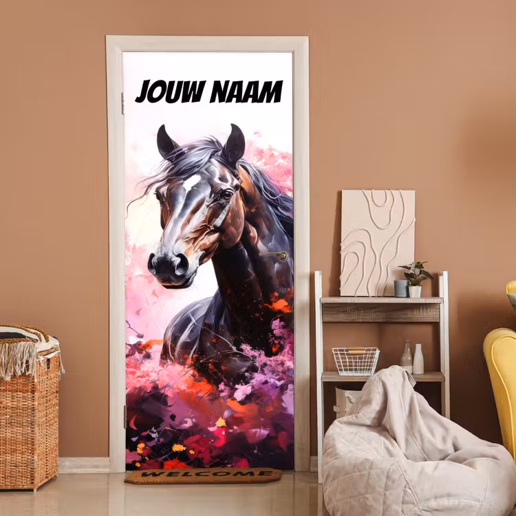 Deursticker met naam - Paard - Illustratie - Roze — 2