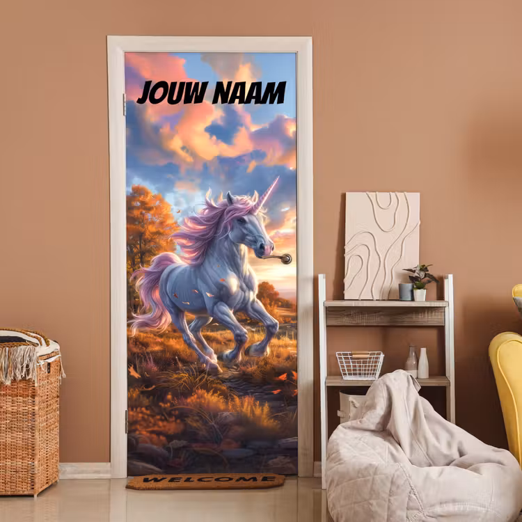 Deursticker met naam - Eenhoorn - Herfstlandschap - Roze — 2