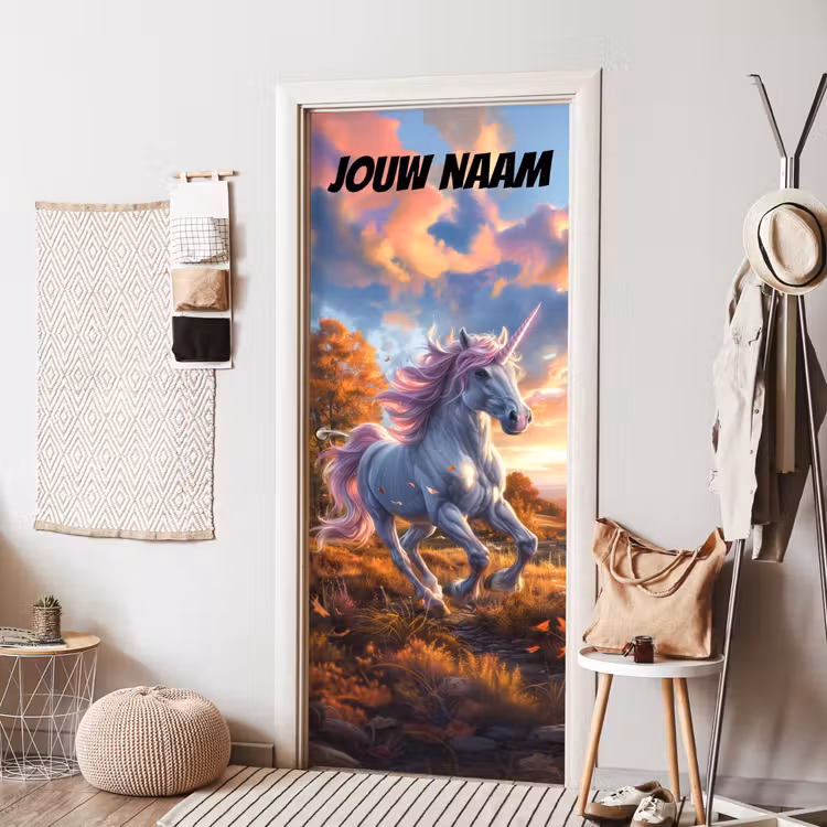 Deursticker met naam - Eenhoorn - Herfstlandschap - Roze — 8
