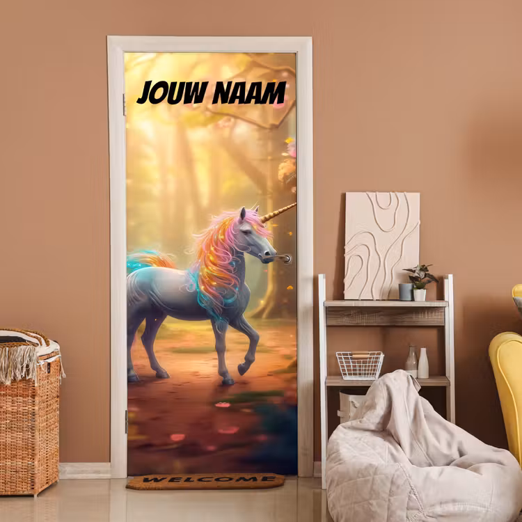 Deursticker met naam - Eenhoorn - Zonlicht - Bos — 2
