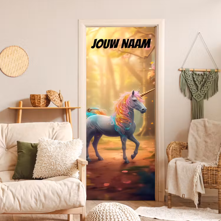 Deursticker met naam - Eenhoorn - Zonlicht - Bos — 4
