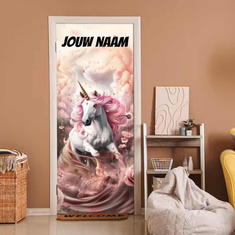 Deursticker met naam - Eenhoorn - Roze - Wolken — 2