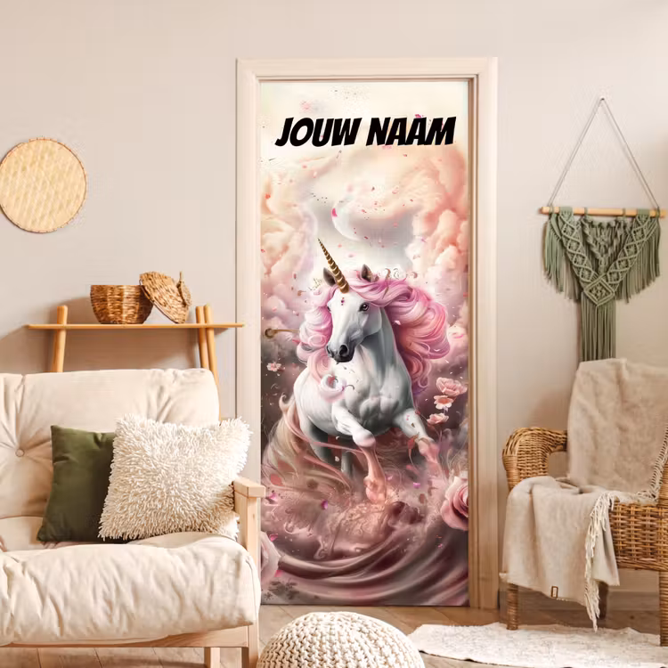 Deursticker met naam - Eenhoorn - Roze - Wolken — 4