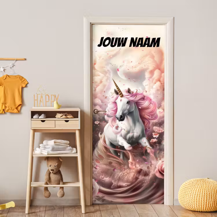 Deursticker met naam - Eenhoorn - Roze - Wolken — 6