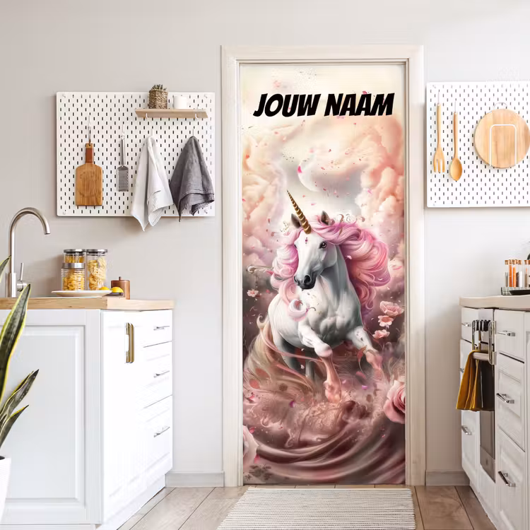 Deursticker met naam - Eenhoorn - Roze - Wolken — 7