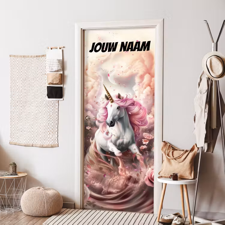 Deursticker met naam - Eenhoorn - Roze - Wolken — 8