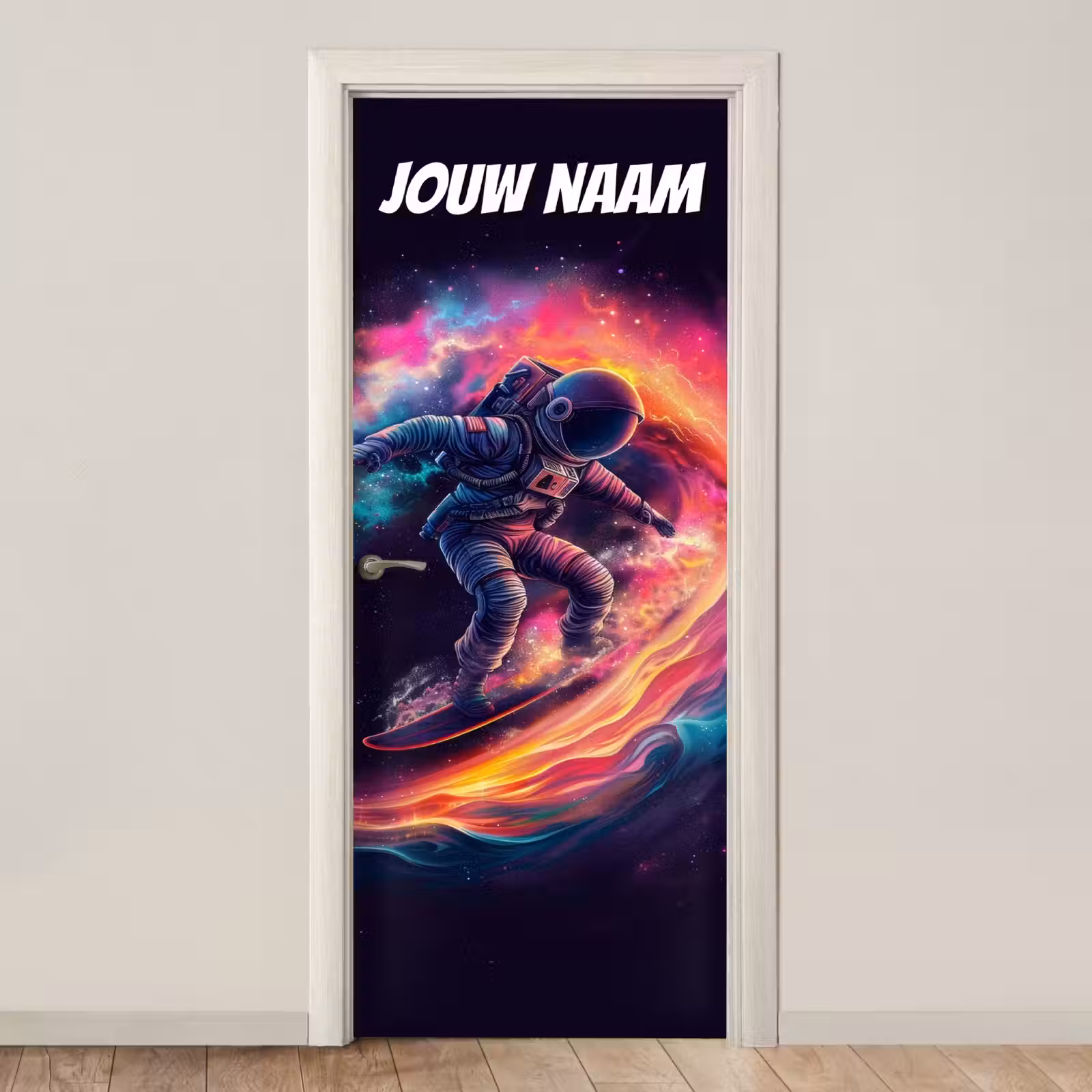 Deursticker met naam - Astronaut - Sterrenstelsel - Kleurrijk — 1