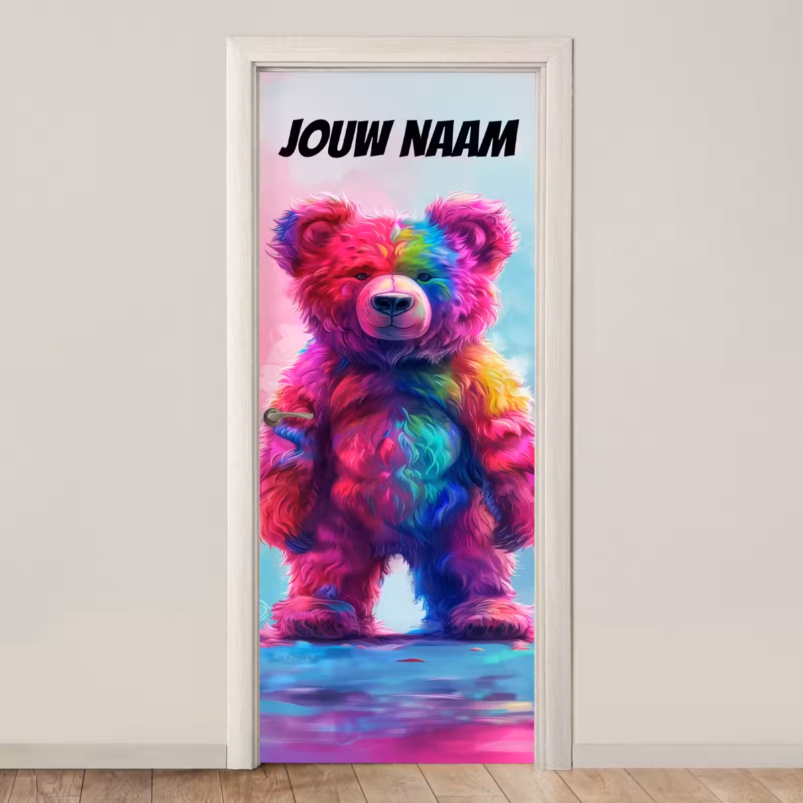 Deursticker met naam - Abstract - Teddybeer - Regenboogkleuren — 1