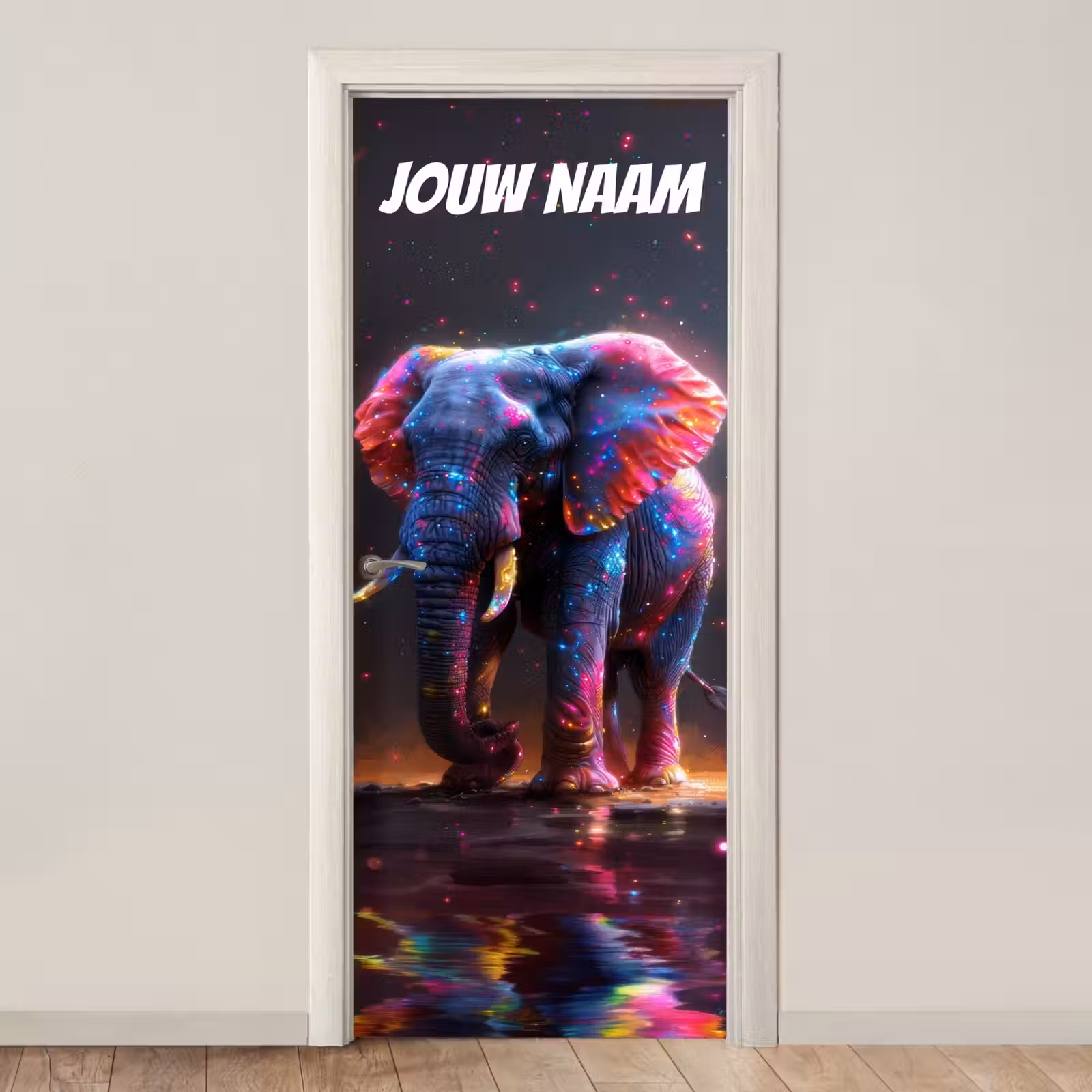 Deursticker met naam - Olifant - Lichteffecten - Kleurrijk — 1
