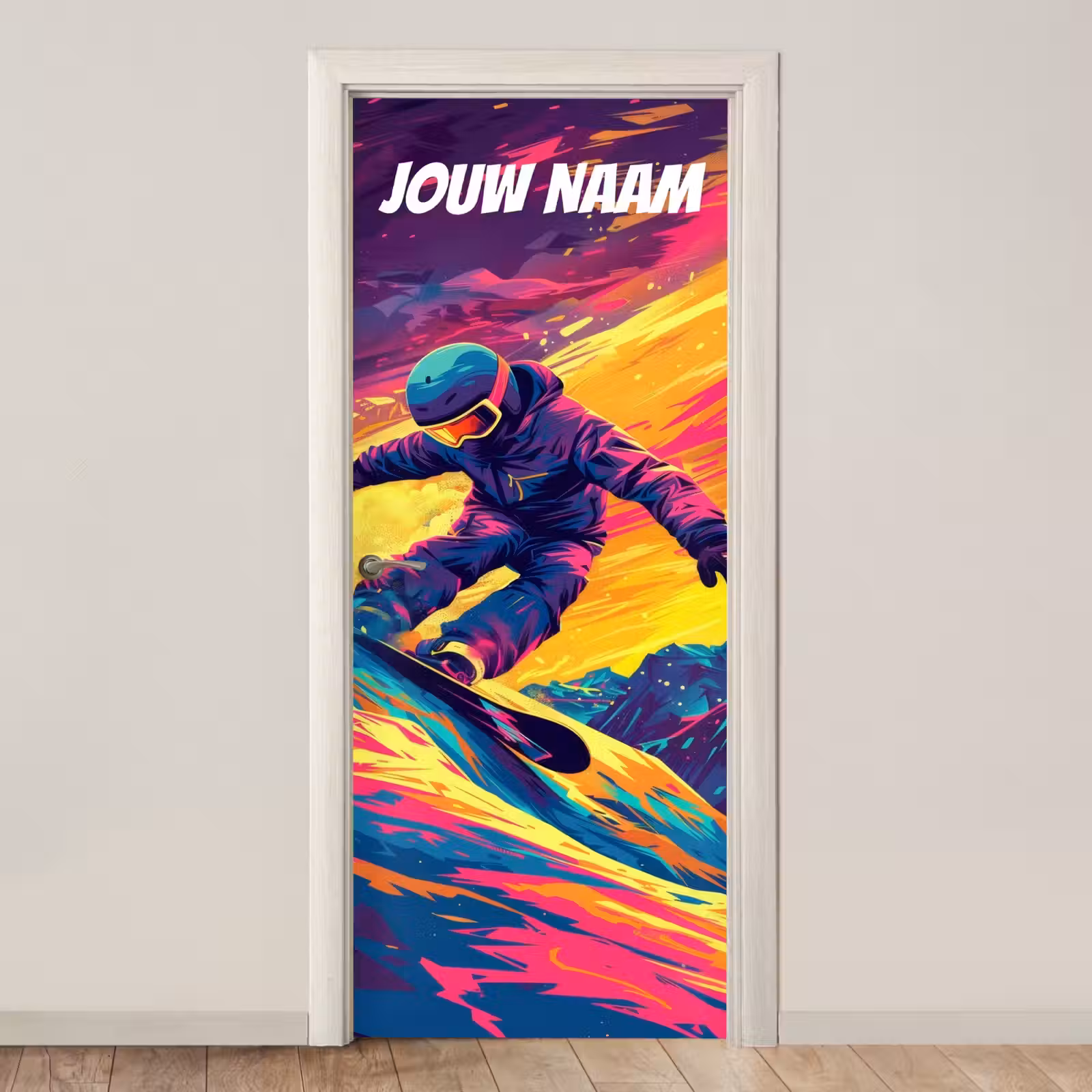 Deursticker met naam - Abstract - Snowboarder - Neonkleuren — 1