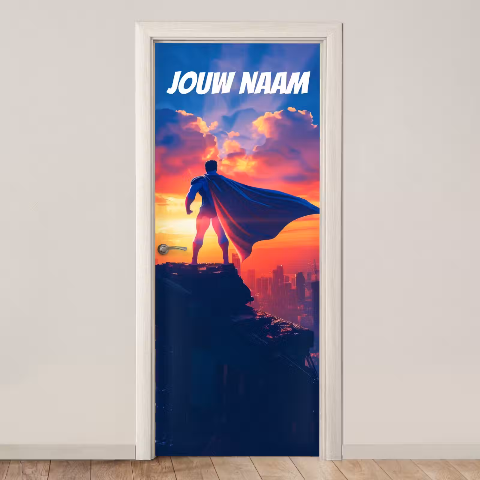 Deursticker met naam - Superheld - Cape - Zonsondergang — 1
