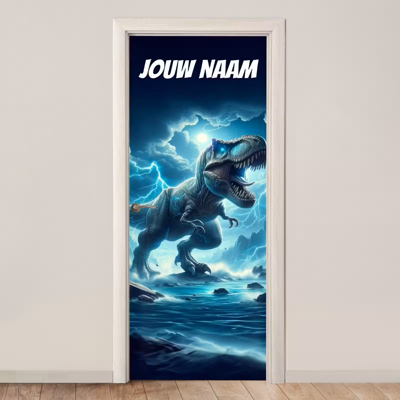Deursticker met naam - T-rex - Bliksem - Blauw — 1