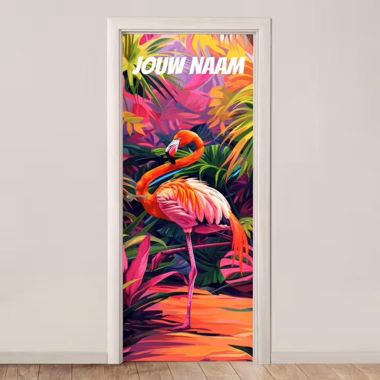 Deursticker met naam - Artistiek - Illustratie - Flamingo — 1