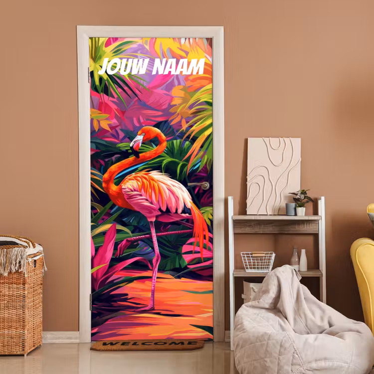Deursticker met naam - Artistiek - Illustratie - Flamingo — 2