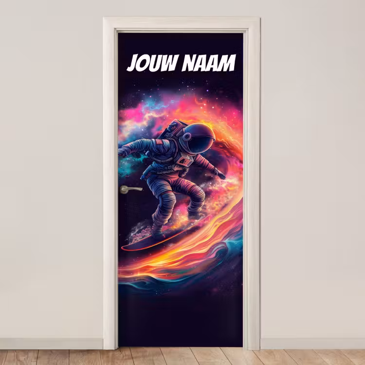 Deursticker met naam - Astronaut - Sterrenstelsel - Kleurrijk — 1