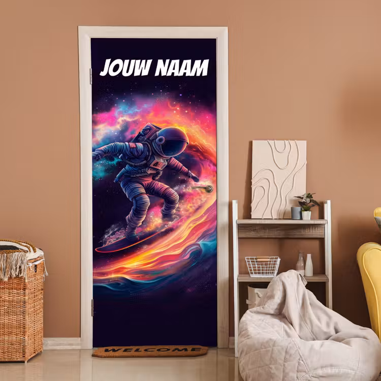 Deursticker met naam - Astronaut - Sterrenstelsel - Kleurrijk — 2