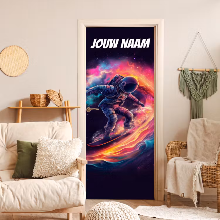 Deursticker met naam - Astronaut - Sterrenstelsel - Kleurrijk — 4