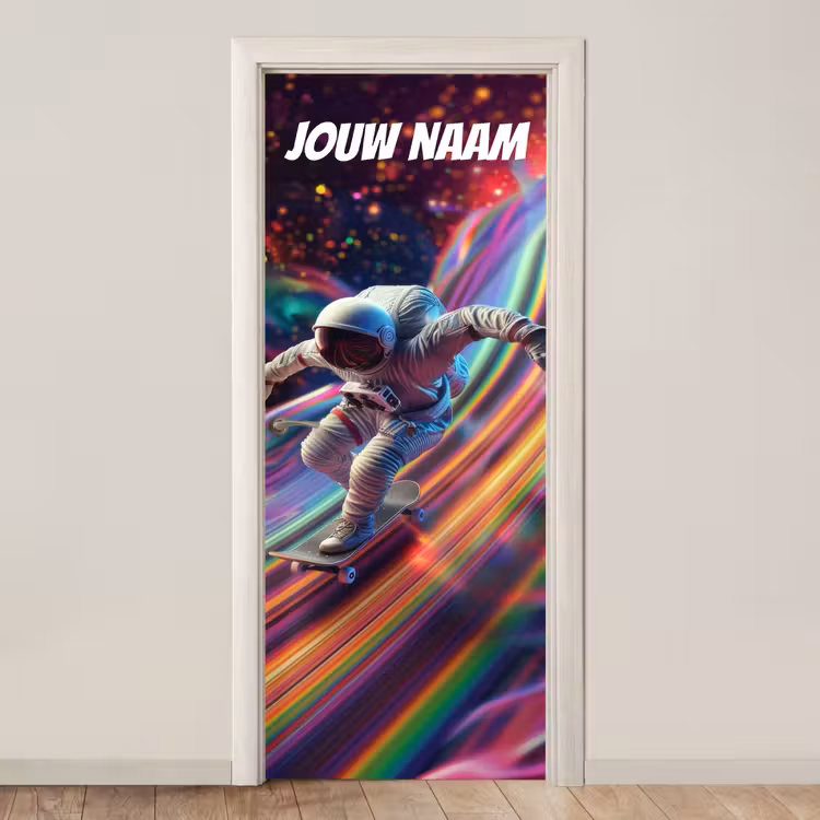 Deursticker met naam - Astronaut - Skateboard - Regenboogkleuren — 1