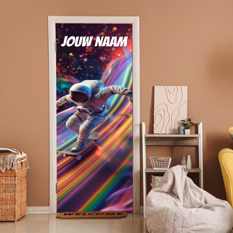 Deursticker met naam - Astronaut - Skateboard - Regenboogkleuren — 2