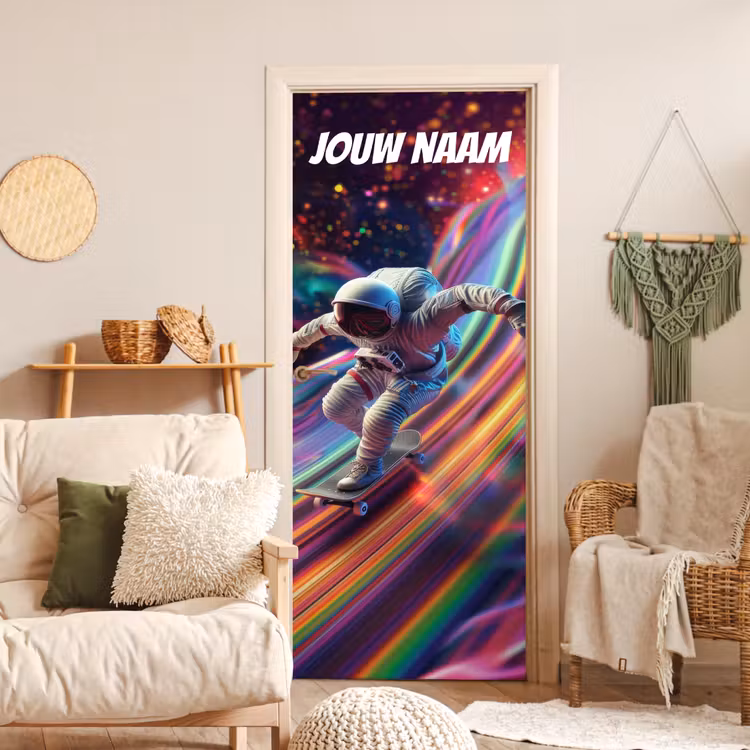 Deursticker met naam - Astronaut - Skateboard - Regenboogkleuren — 4